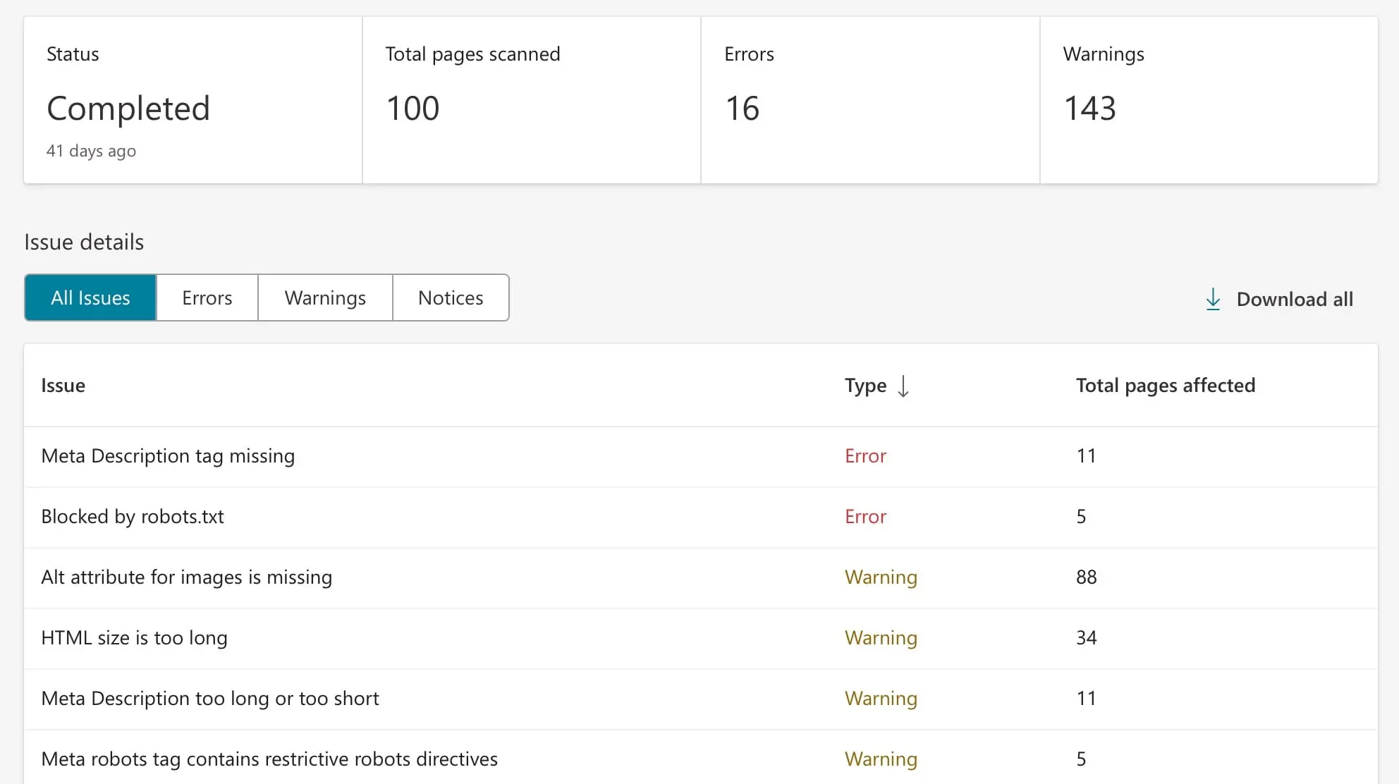 Bing Webmaster Tools SEO Report