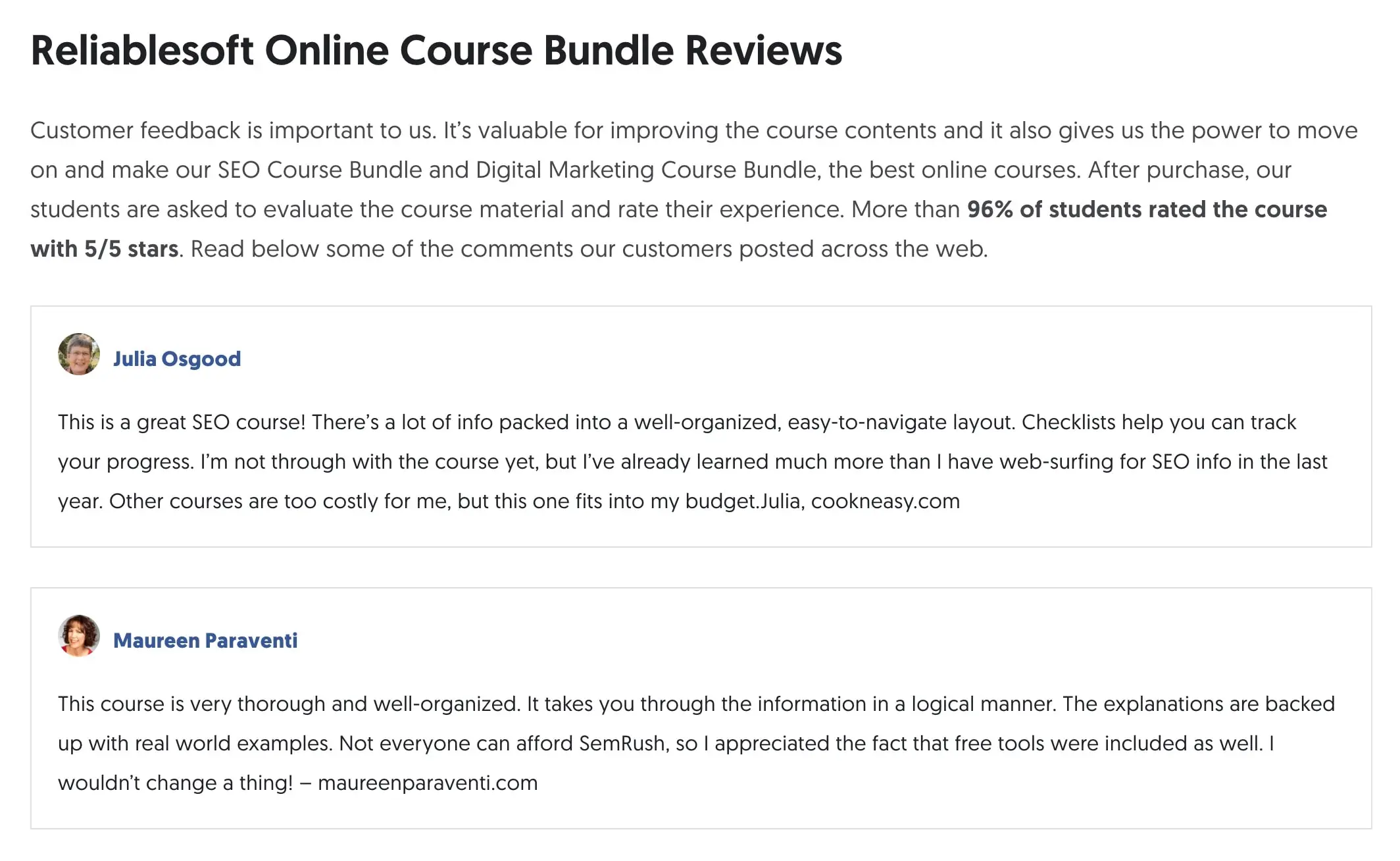 Example of a Course Reviews Page