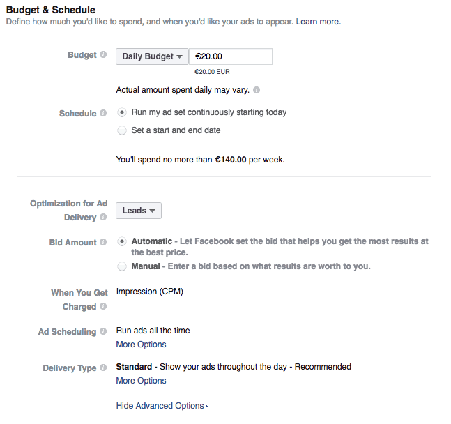 Facebook budget and scheduling options in ads