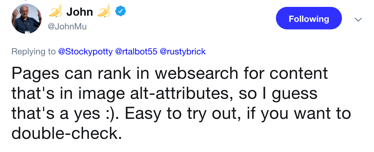 Tweet on how Alt text helps webpages rank in Web Search